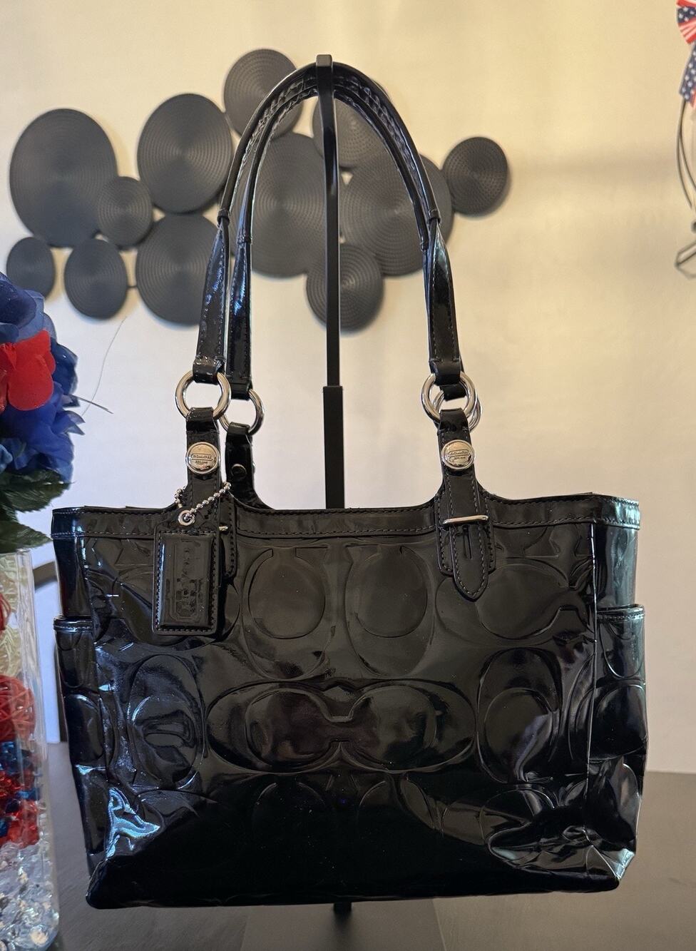 Coach Signature Embossed Black Patent Leather Tote Bag